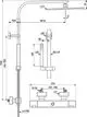 Duschsystem von Ideal Standard mit Kopfbrause und Handbrause, montiert auf einem vertikalen Rohr. Technische Zeichnung mit Maßangaben und Anschlussdetails.